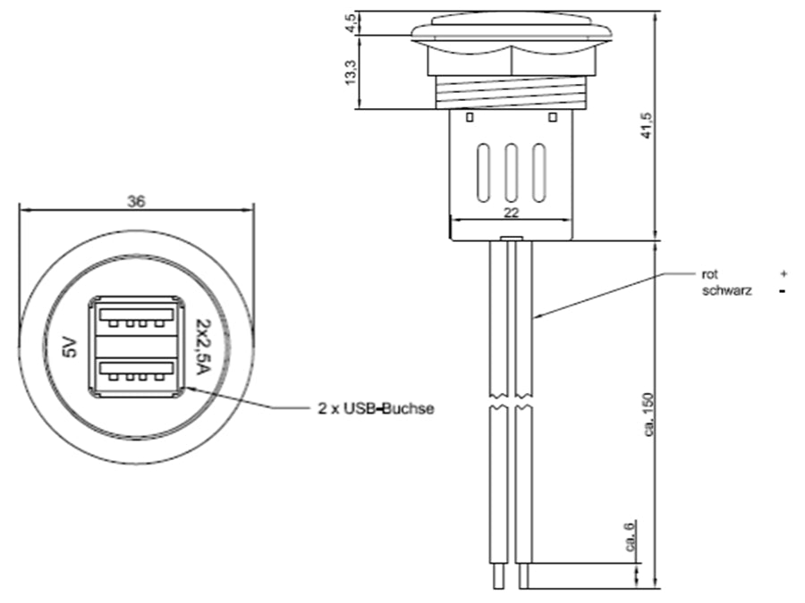 12/24V til 5V USB udtag - 2 x USB A, 5A (rund)