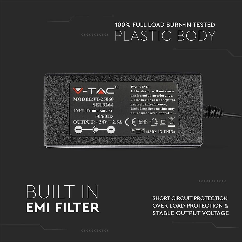 V-Tac 60W Strømforsyning til LED Strips - 24V DC, 2,5A, IP44 Vådrum