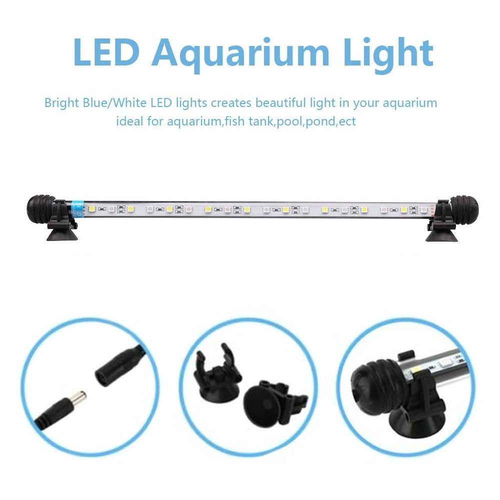 48 cm Akvarie Armatur - 5W LED, Hvid/Blå, Med Sugekopper, IP67 - Effekt: 5W, Input: 230V, 300lm, IP68