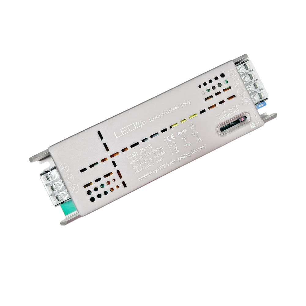 Dæmpbar 12V 200W strømforsyning med flicker free teknologi - 12V DC, 16,6A, input 230V, output 12V