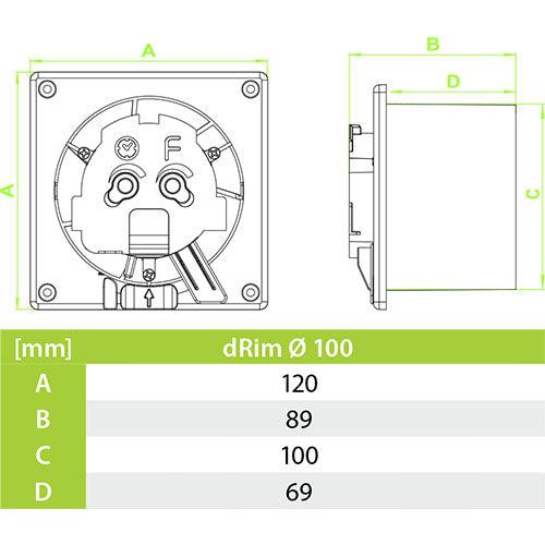dRim ventilator m. kugleleje og hygrostat hvid front