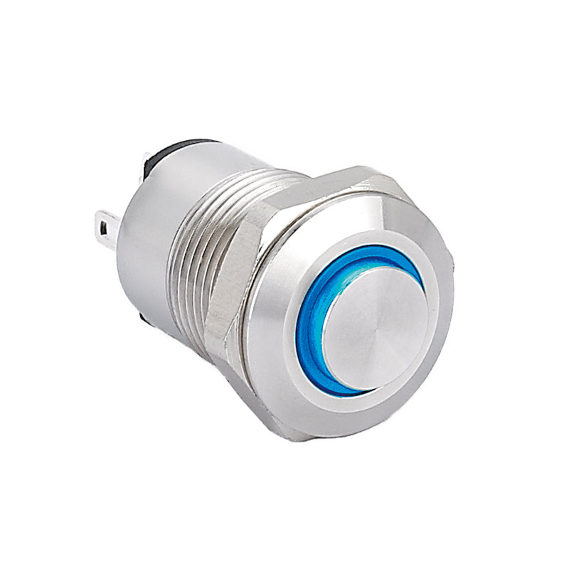 Vandalsikret stålkontakt, 1P OFF-ON Ø12mm, Blå 12V LED