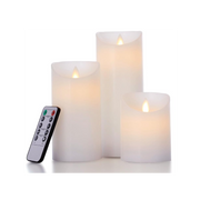 LED Bloklys med bevægelig flamme, hvid, 3 stk, Ø7,5cm, inkl. fjernbetjening og timer, 10/15/20cm høj, ægte stearin