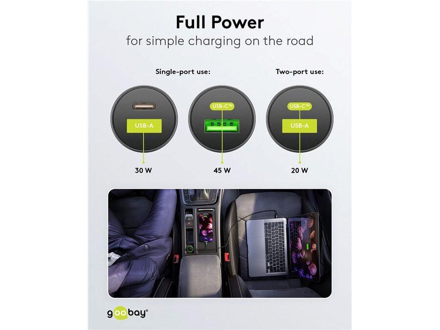 12/24V biladapter - 1 x USB-A, 1 x USB-C PD udtag, 45W