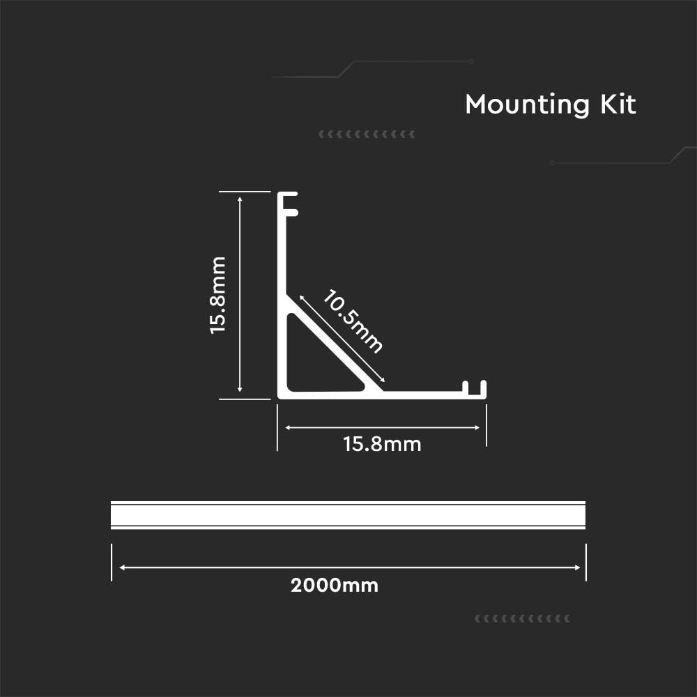 Monteringssæt til LED Strip PCB 12mm Hjørne, 2000x15,8x15,8mm, Hvid