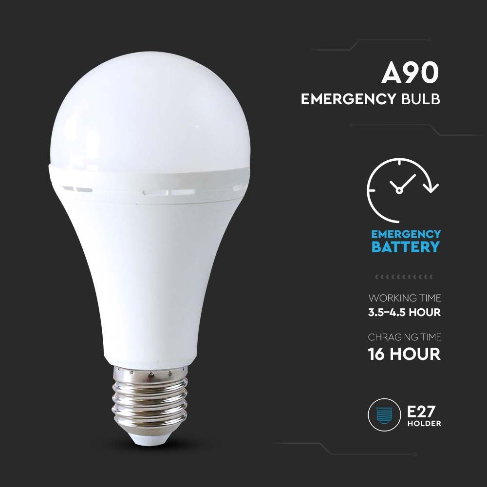 Nødplastlampe A90 med batteri og 15W E27 fatning, 3 timers drift, 4000K - 4000 Kelvin.