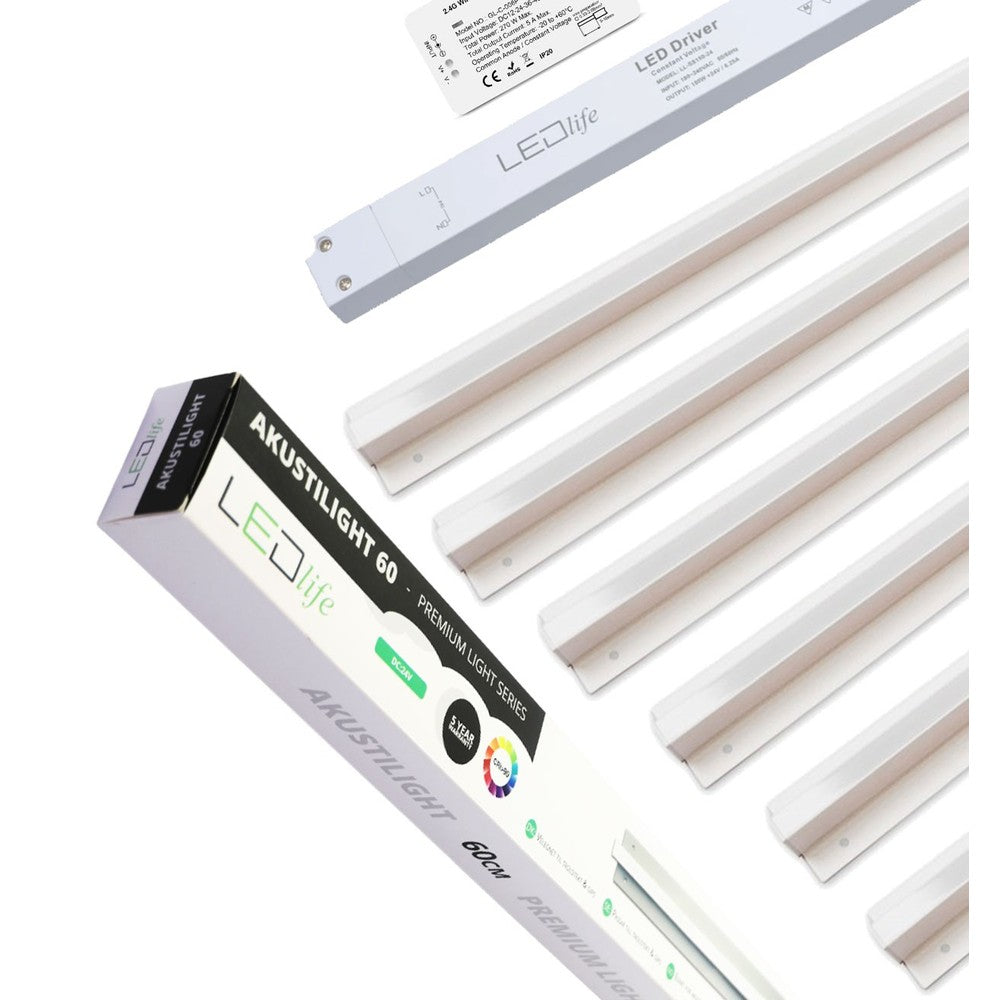 Troldtekt LED Zigbee Skinnesæt 6x60 cm - CCT, Planforsænket, Akustilight inkl. ledninger og driver