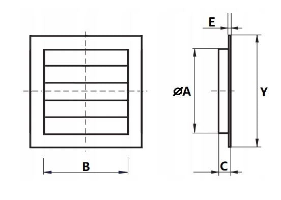 Ventilationsrist m. lukkespjæld - 170x170mm Ø125mm, Grå