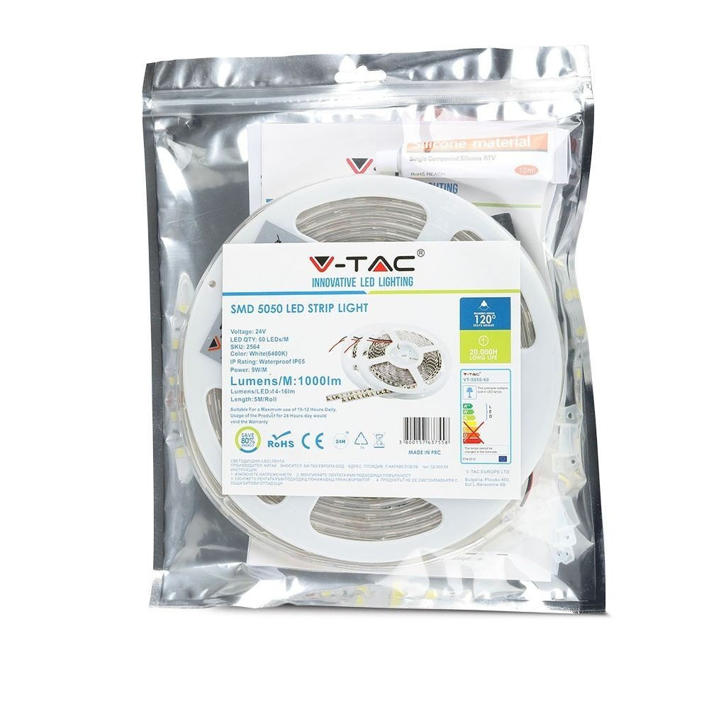 V-Tac Stænktæt LED Strip - 5m, 9W/m, 24V, IP65