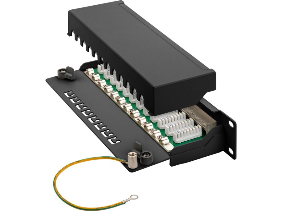 10" CAT6a Patch Panel - 12 x RJ45 skærmet, Sort