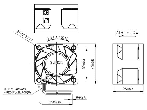 DC blæser - 40x40x28mm 12Vdc 587mA 7W, kugleleje, 2-ledn.