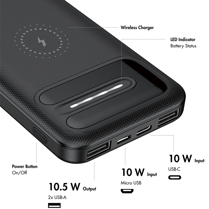 Powerbank m. QI trådløs lader - 5V / 2,1A, 8000mA, 2xUSB-A