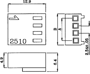Ledning-til-print stikhus - NS25, 4pol (1x4) hun 2,54mm