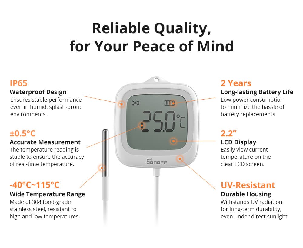 ZigBee SNZB-02LD - Smart termometer med probe (IP65)