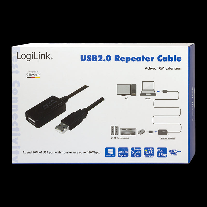 USB 2.0 Repeaterkabel - A han til A hun, Sort (10m)