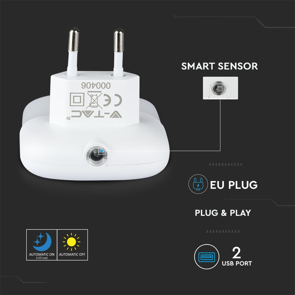 0,45W Natlys LED (EU stik) med USB Samsung chip 3000K - firkantet - Energibesparende natbelysning med USB og Samsung chip i varmt hvidt lys - firkantet design