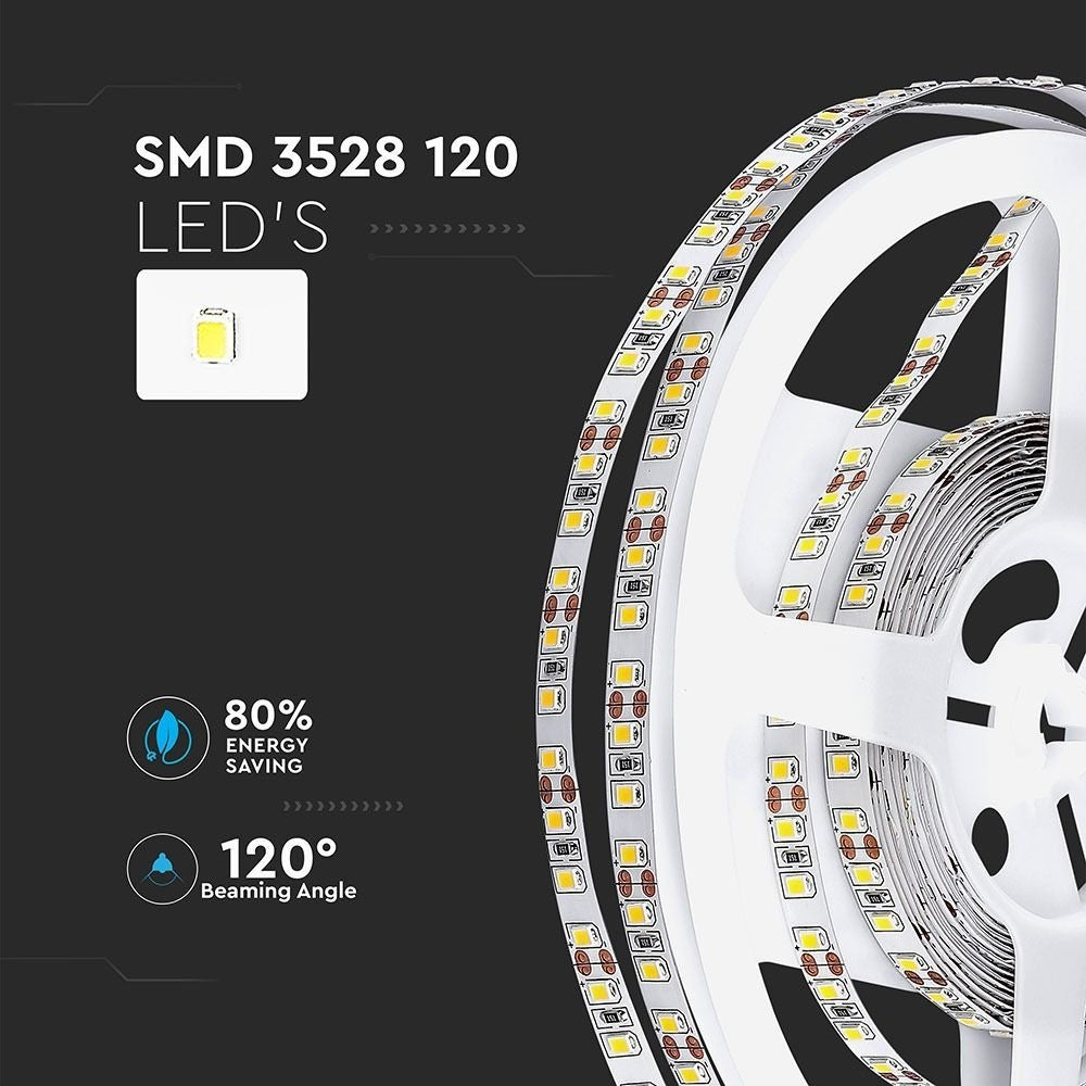 V-Tac 7,2W/m LED strip 8mm bred - 5m, 120 LED pr. meter (800lm/m, RA80)