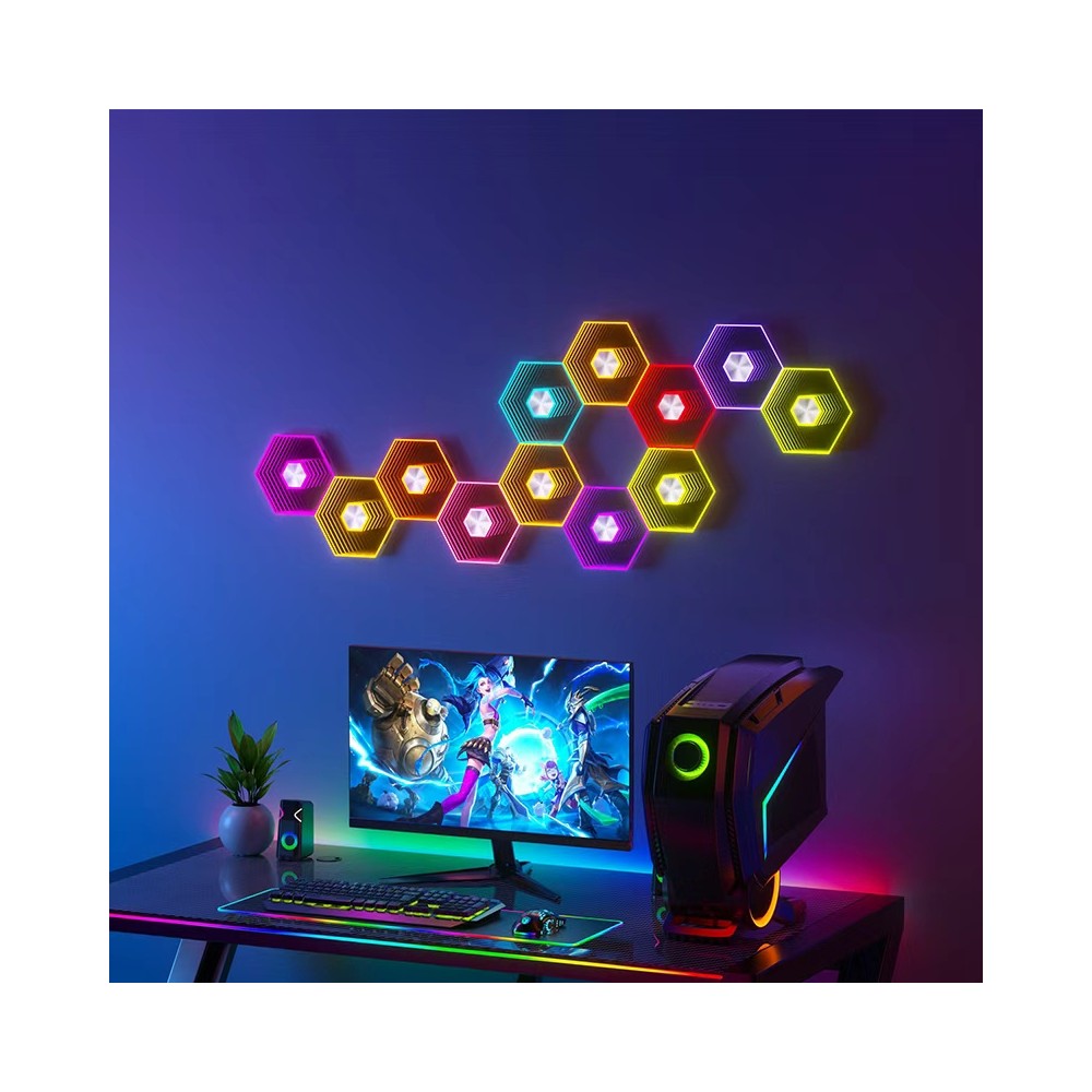 RGBIC Hexagon Infinity Væglys 12 stk. sæt i 12W - Multifarvet LED væglampe med 5V input til stemningsfuld belysning