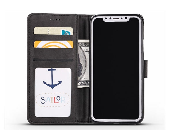 Læder flipcover m. kortholder - Til iPhone X / XS, Sort