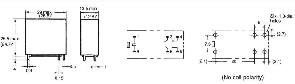 Miniature relæ - 24VDC 8A, 2 x slutte (DPST-NO), 6-ben 5mm