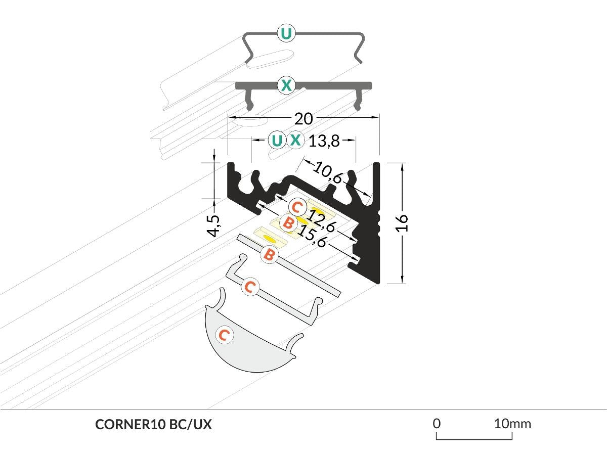 DIOFLEX Alu profil CORNER10 BC/UX 2m 20x16mm