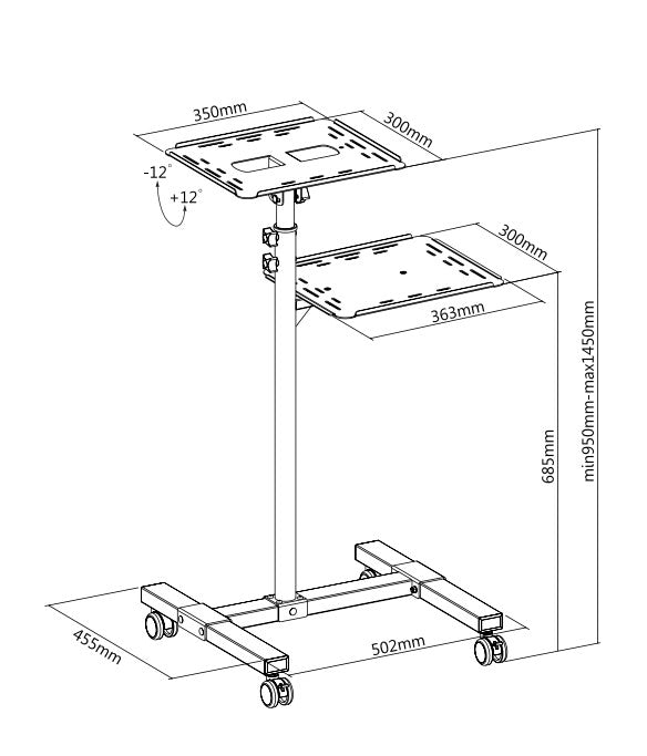 Rullebord - 350x300mm, 950-1450mm højdejustering