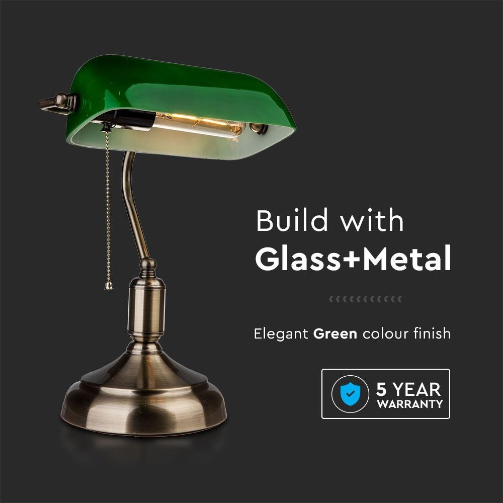 V-Tac Klassisk skrivebordslampe - Grønt glas, 1,5 meter ledning, E27 fatning, uden lyskilde