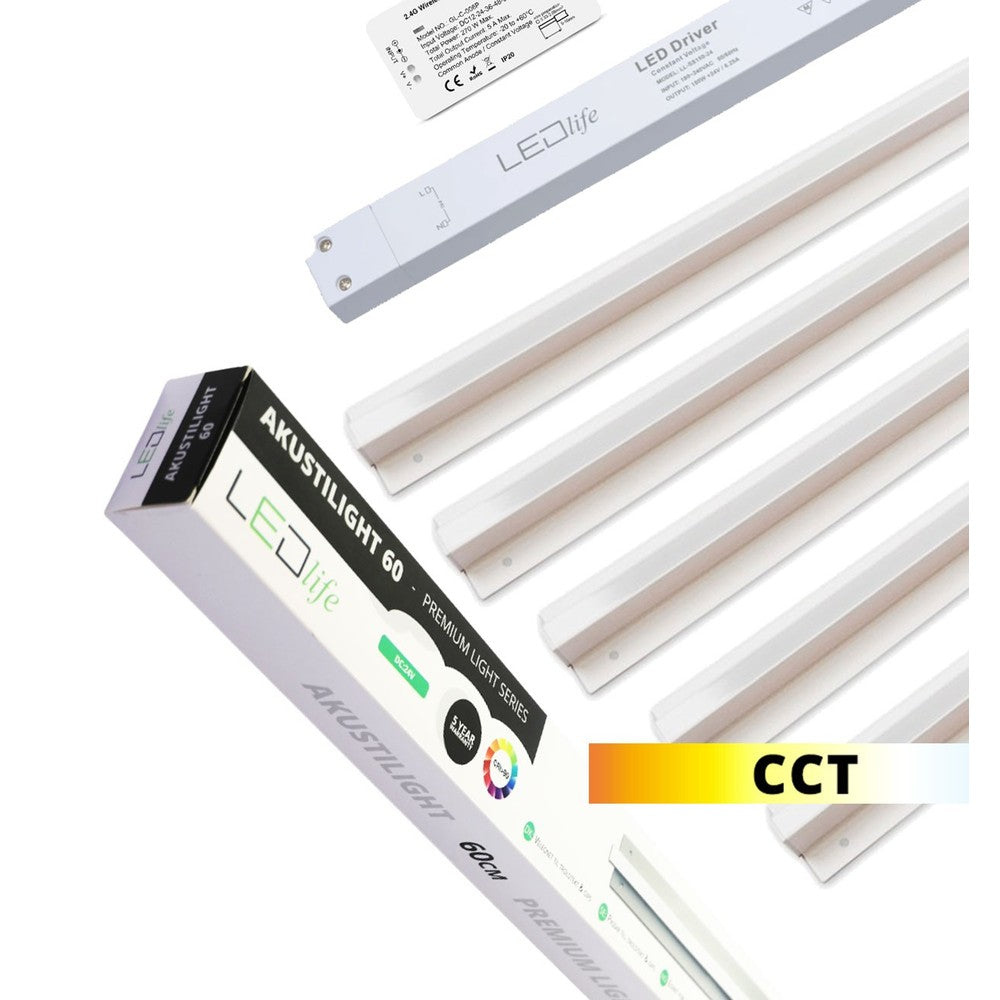 Troldtekt LED Skinnesæt 5x90 cm - CCT, Planforsænket, Akustilight inkl. fjernbetjening, ledninger og driver - 27W, 24V, 2700lm, RA93, 5 års producentgaranti