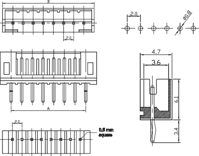 Ledning-til-print fatning - NXW, 3pol, 1A, 2mm benafst.