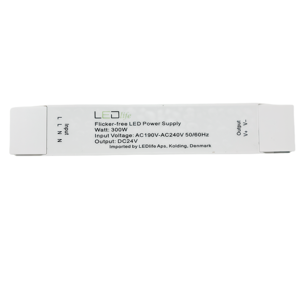 300W 24V Strømforsyning - Flicker Free, 24V DC, 12,5A, IP20 (Indendørs Brug)
