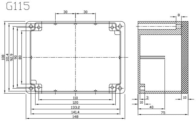 G115 aluminiumskabinet - IP65 (108x148x75mm)