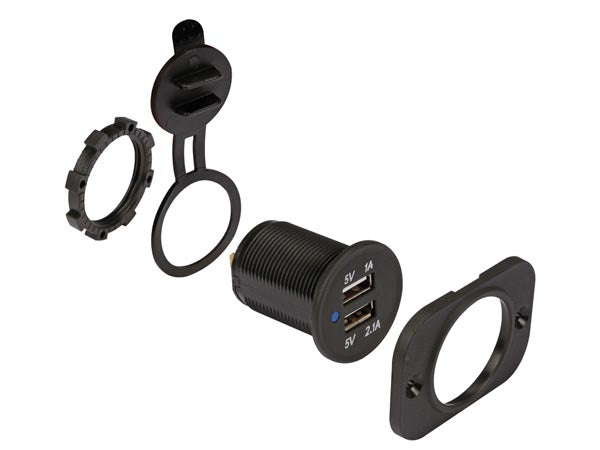 USB biladapter til panelmontage - 12/24V ind > 2 x USB 5V ud