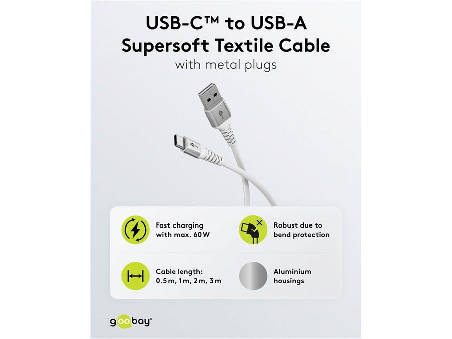 USB-A til USB-C Supersoft PD Tekstilkabel, 3A, Hvid (2m)