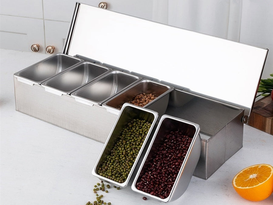 Pizza Topping Station - 6 beholdere, rustfri stål, 46x15x9cm