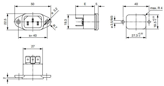 Apparatfatning - 3pol C14 han, Sort (m. skrueterminaler)