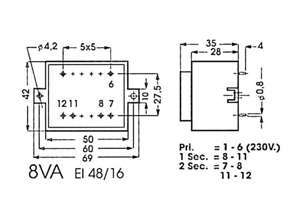 230V printtransformator - 8VA 2 x 6V / 2 x 700mA