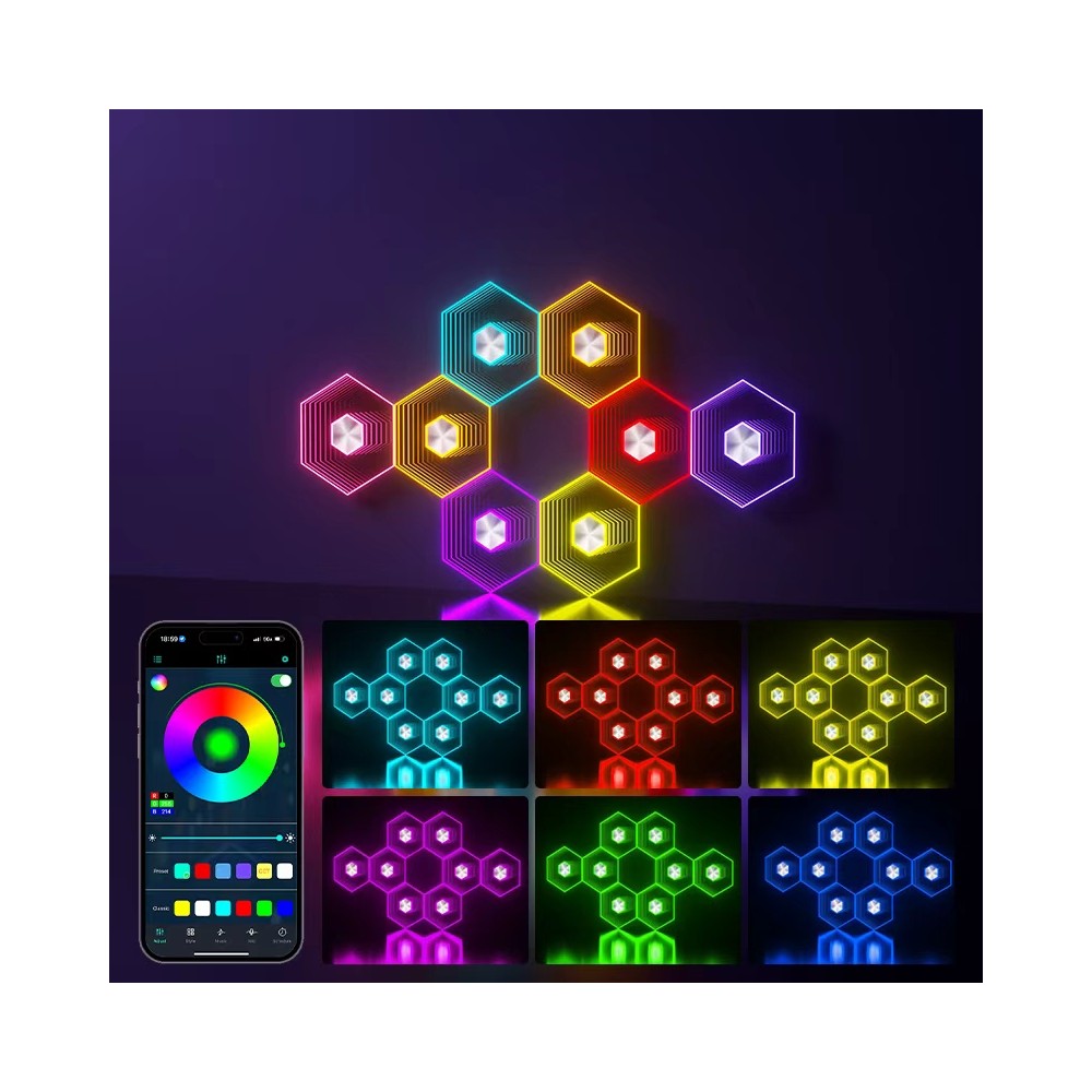 RGBIC Hexagon Infinity Væglys 10 stk. sæt - 10W, 5V input - Luksuriøst lys til enhver indretning!