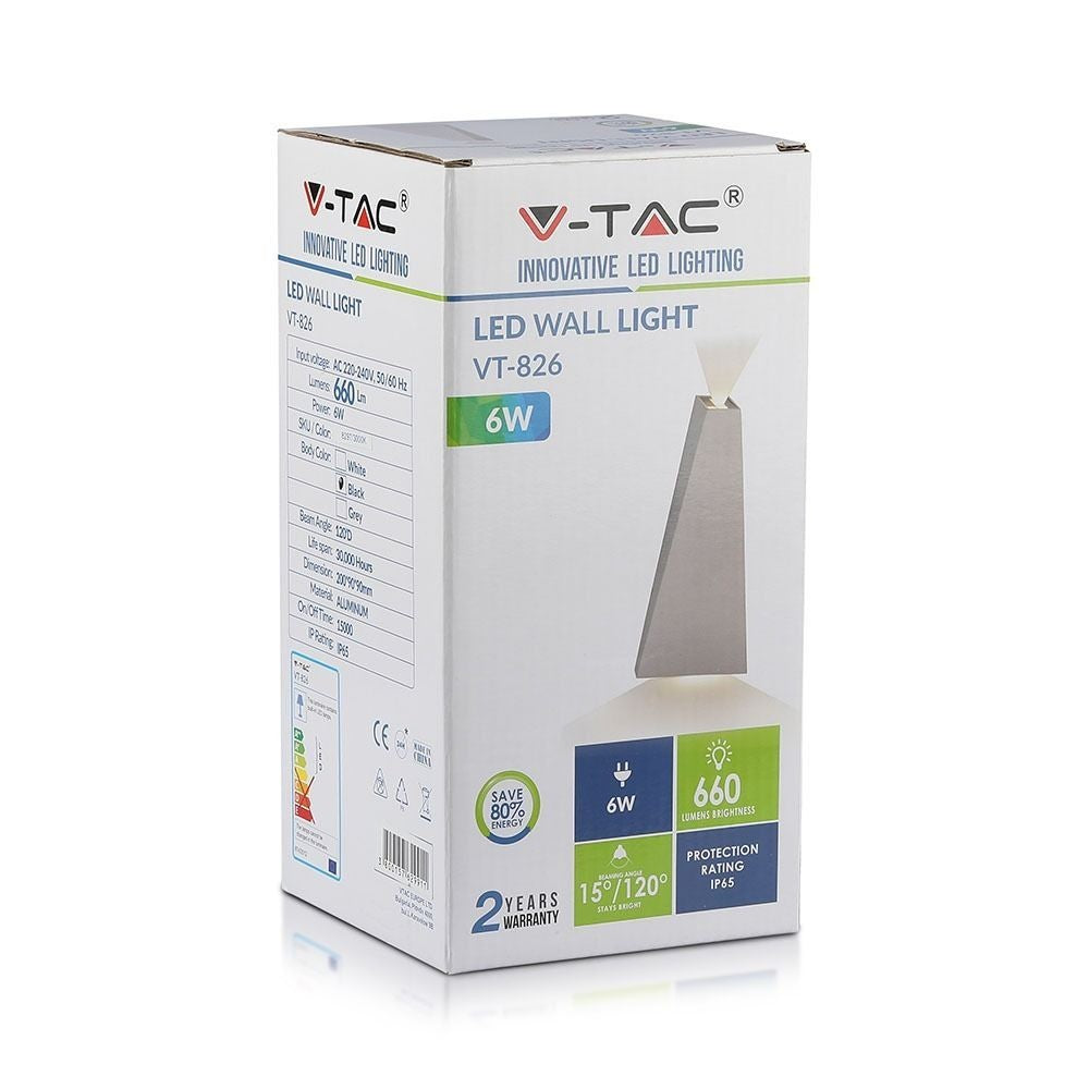 V-Tac 6W LED Udendørs Væglampe - IP65, 230V, inkl. Lyskilde (Erstatter 50W, 660lm, RA 80)