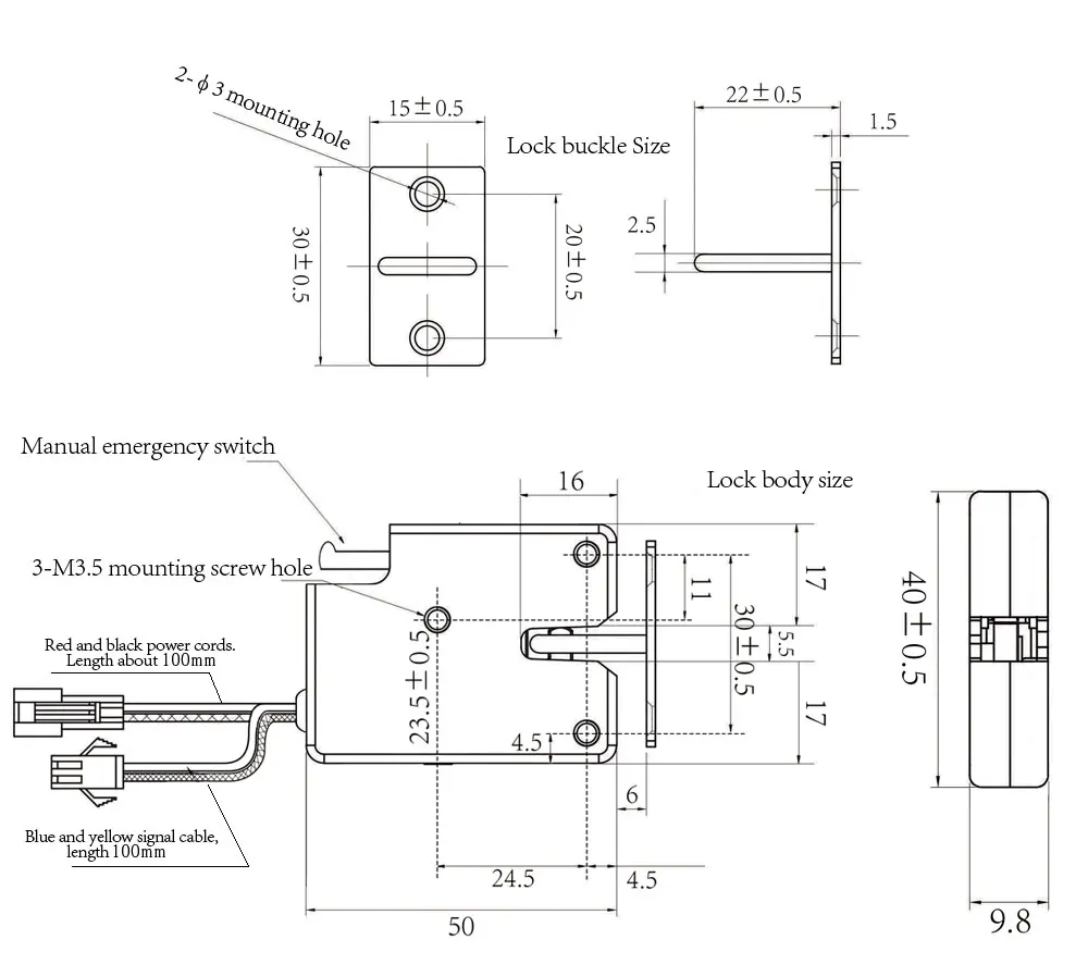 Elektronisk skabslås m. elektrisk udløser -12V, 50x40x10mm