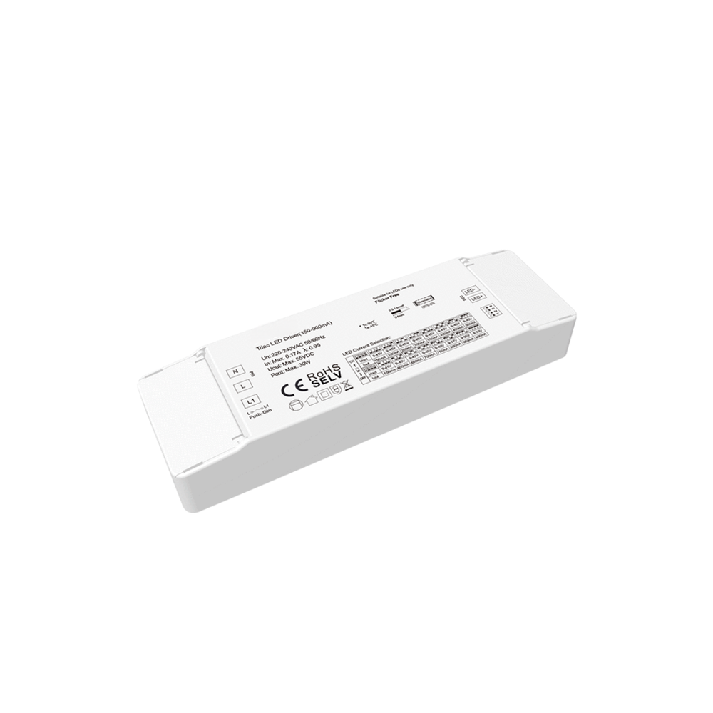 30W Triac dæmpbar LED panel driver - 9-45V, 150-900mA, Triac + Push dim, flicker fri, 230V input