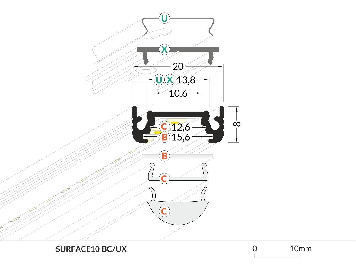 DIOFLEX Alu profil SURFACE10 BC/UX 2m 20x8mm