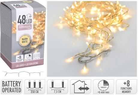 Batterikæde 48 varm hvid led, transp, timer/m IP44