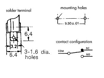 Mikroswitch u, arm - 3A/250V, ON-(ON) SPDT, loddeben