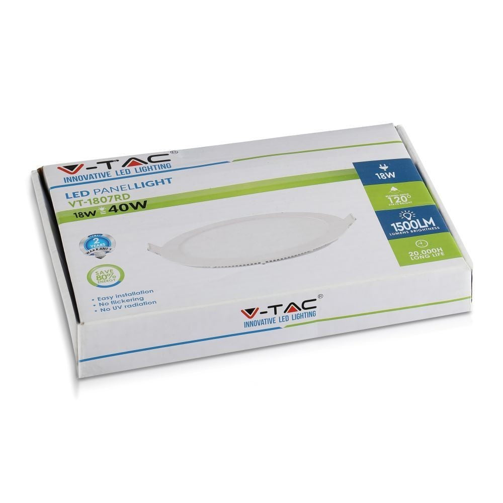 V-Tac 18W LED indbygningspanel - Ø21 cm hul, Ø22,5 cm mål, 230V, 1500lm, RA80, Flicker free