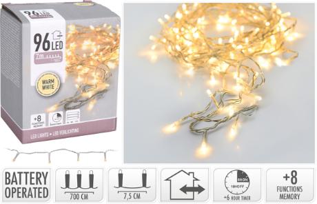 Batterikæde 96 varm hvid led, transp, timer/m IP45