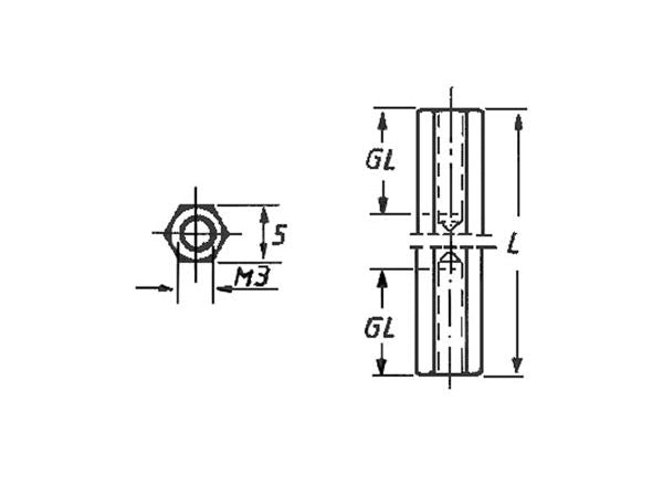 Afstandsmøtrik - 30mm stål, hun til hun (M3)