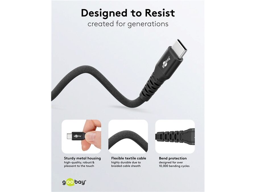 USB-C til USB-C Supersoft PD Tekstilkabel, 3A, Sort (3m)