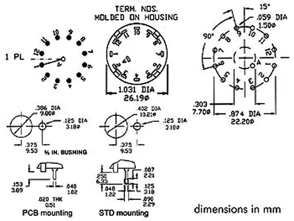 Drejeomskifter - 1pol / 12 stillinger, loddeben