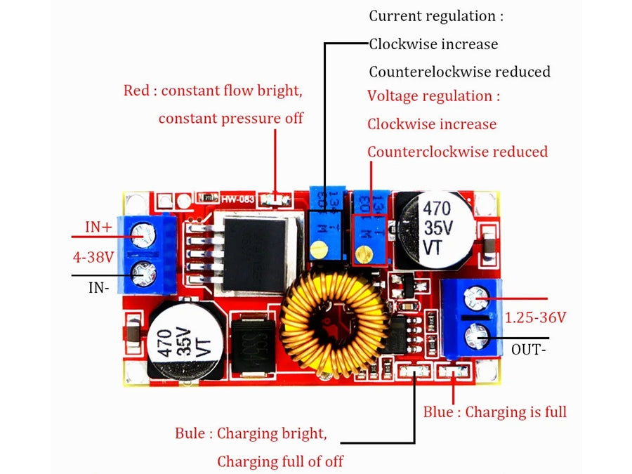 DC-DC (CV og CC) step-down konverter - 4-38 > 1,25-36V / 5A