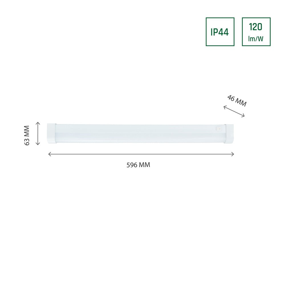 Aquatica 15W LED Væglampe - Varm hvid 230V 150° IP44 596x46x63, Hvid Runde Ender, Afbryder